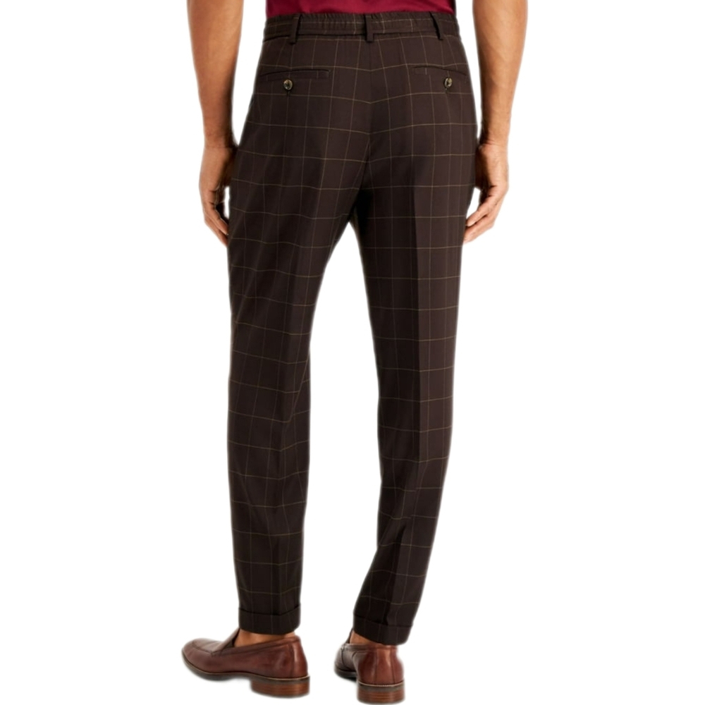 TASSO ELBA Mens Brown Adjustable Waist Drawstring Check Chino Pants S - Picture 2 of 3